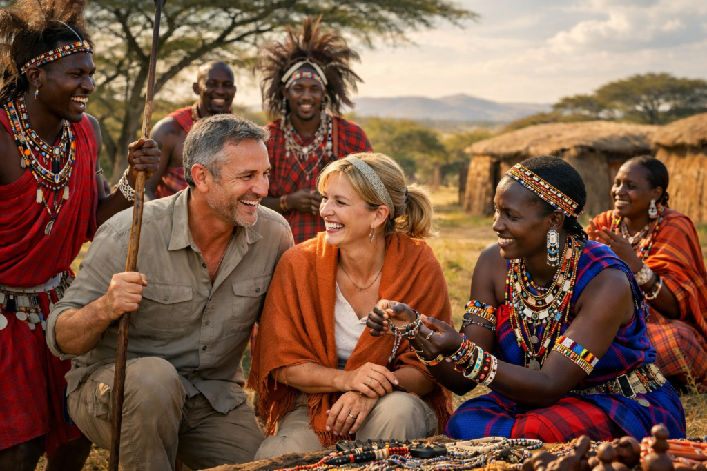 Couple enjoying cultural immersion with Masai tribe | Emotional ROI of Modern Luxury Travel | Allura Travel Marketing Blog