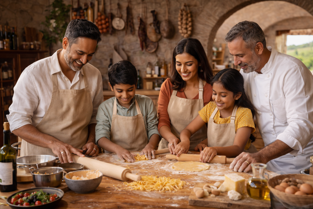 Indian Family taking a cooking class in Italy | Emotional ROI of Modern Luxury Travel | Allura Travel Marketing Blog