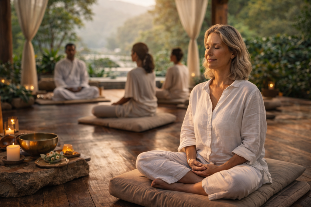 Guest learning Vipassna meditation at a wellness resort | Emotional ROI of Modern Luxury Travel | Allura Travel Marketing Blog